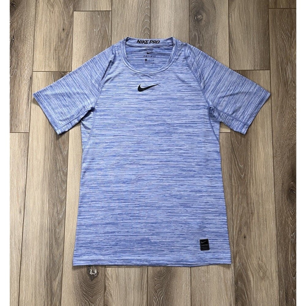 Nike Pro Dri-FIT Shirt Mens S Blue Striped Short Sleeve Athletic Training Top